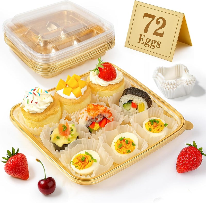 77L 72 Eggs Clear Deviled Egg Tray with Lid – Gold Plastic Party Serving Tray with Greaseproof Paper for Deviled Eggs, Sushi & Desserts - Image 1